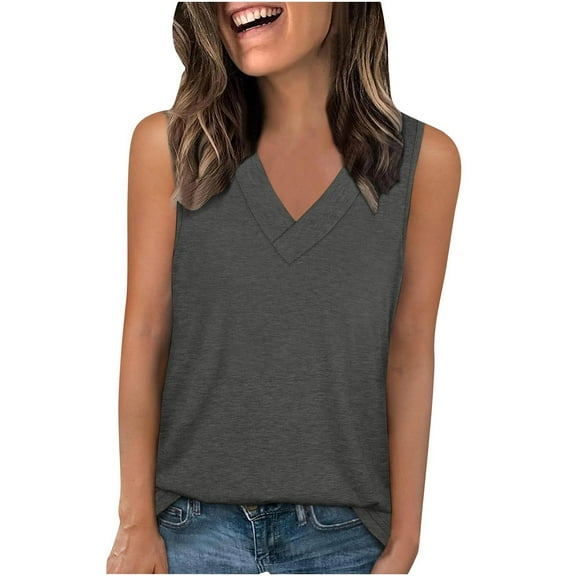 Weiqiqre Vacation Outfits for Women Casual Soft Loose Spring Summer V Neck Sleeveless Tee Shirts Basic Trendy Outfits Clothes