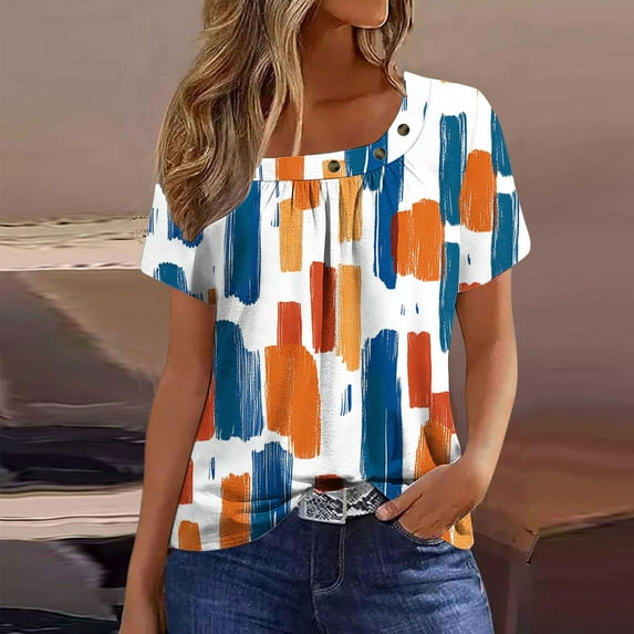 Fewfanhot Vacation Outfits for Women Trendy Asymmetrical Neck Button Cute Summer Tops Casual Vintage Graphic Tees Blouses