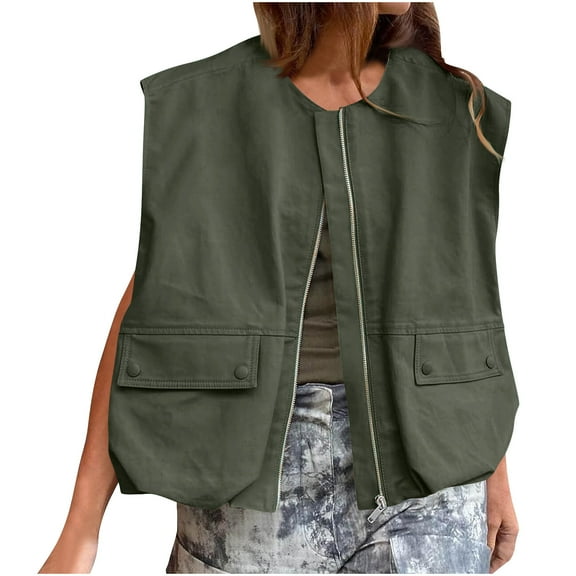 Weiqiqre Vest for Women Casual Zip Up Vest Cargo Oversized Ruched Hem Sleeveless Jackets Tops