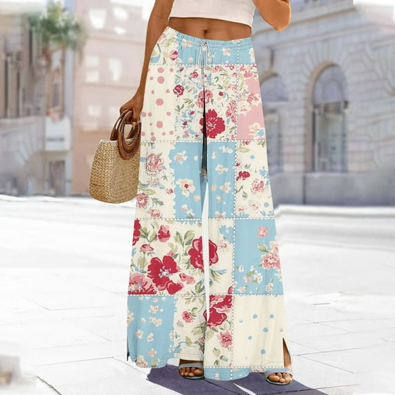 Weiqiqre Wide Leg Pants Woman Summer Boho Palazzo Pants High Waist Wide Leg Floral Casual Cotton Lounge Trousers with Pockets