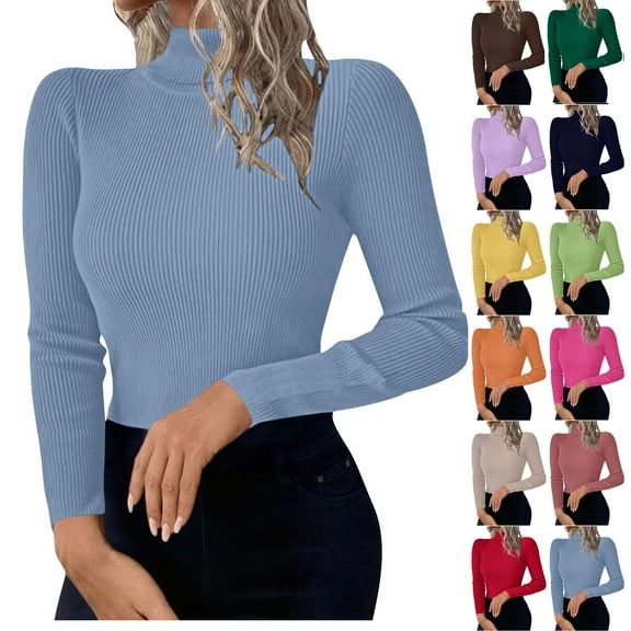Weiqiqre Winter Clothing for Women Turtleneck Fall Fitted Long Sleeve Pullover Sweater Ribbed Knit Basic Tops