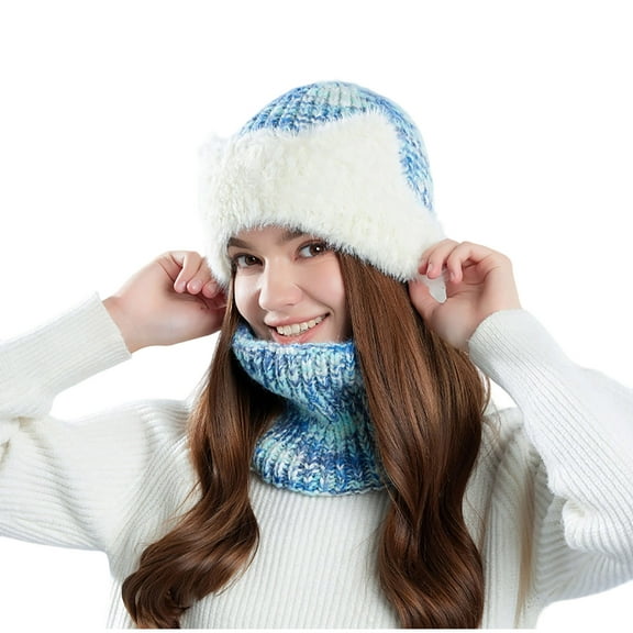 Weiqiqre Winter Hat Fleece Lined Neck Warmer Scarf and Gloves Set for Women Knit Beanie Winter Gloves and Scarves Cold Weather Blue
