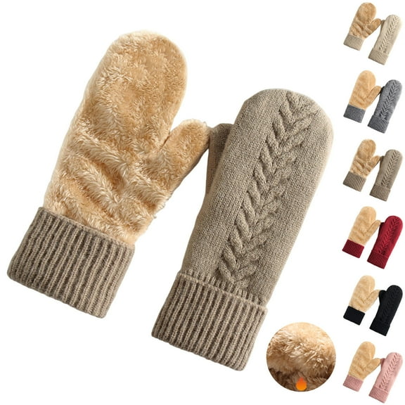Weiqiqre Woman Warm Knit Thermal Cable Knitted Gloves Velvet Padded Mittens for Cold Weather