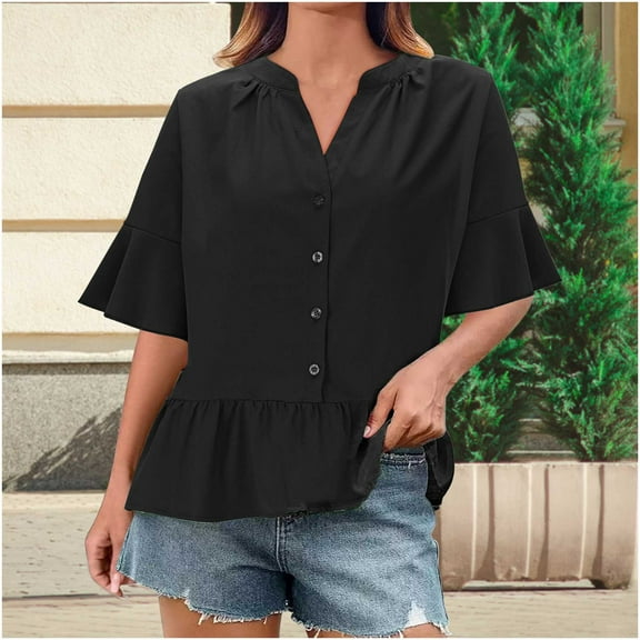 Weiqiqre Women Blouses Button Down Short Sleeve Tops Ruffle Tiered Loose Fit Peplum Tops