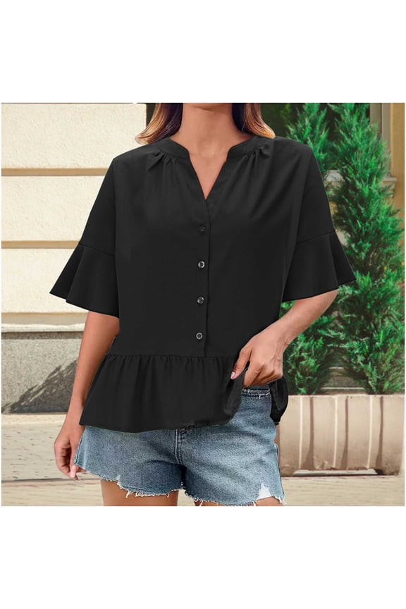 Women Blouses Button Down Short Sleeve Tops Ruffle Tiered Loose Fit Peplum Tops
