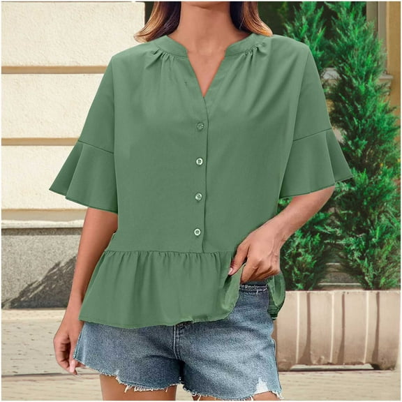 Weiqiqre Women Blouses Button Down Short Sleeve Tops Ruffle Tiered Loose Fit Peplum Tops