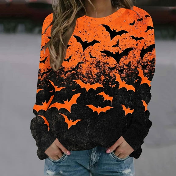 Weiqiqre Women Blouses Crew Neck Tops Long Sleeve Fashion Halloween Festival Pumpkin Face Print Fall Shirts