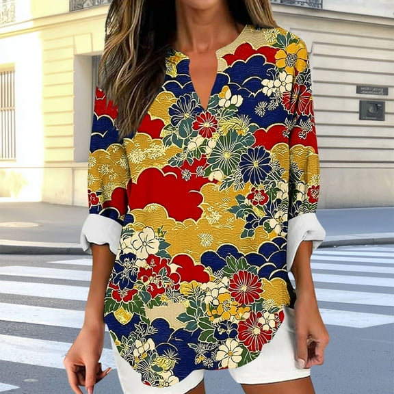 Weiqiqre Women Clothing V Neck Polka Dot Graphic Tees Shirts Button Three Quarter Length Dressy Blouses