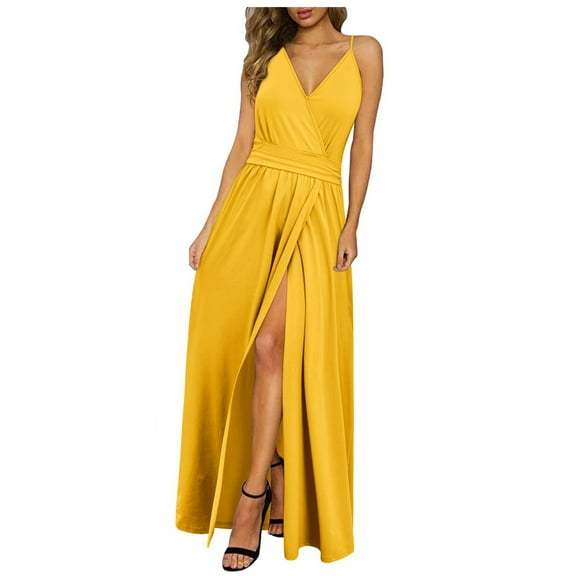 Weiqiqre Women Dresses Vacation Floral Spaghetti Strap Spring Casual Boho Split Beach Long Flowy Sundress