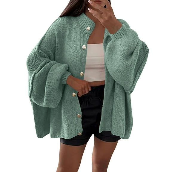Weiqiqre Women Fall Clothes Cardigans Long Lantern Sleeve Button Down Chunky Knit Loose Fall Sweater Coats