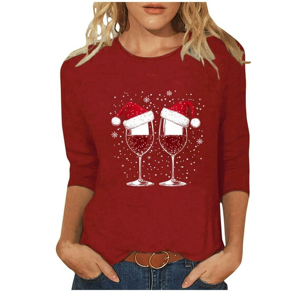 Weiqiqre Women Fall Clothes Casual 3/4 Sleeve T-Shirts Loose Round Neck Christmas TreesTunic Tops Basic Tees Blouses