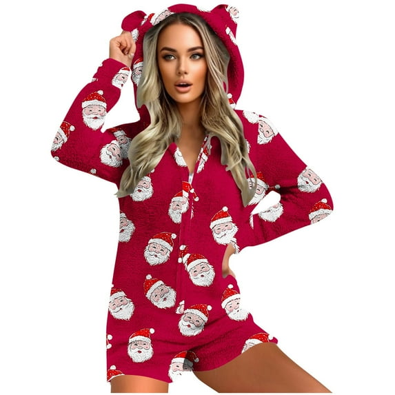 Weiqiqre Women Fall Clothes, Christmas Print Hooded Ears Fluffy Onesie Pajamas - Santa Pattern Bodysuit Sleepwear Pajamas Loungewear