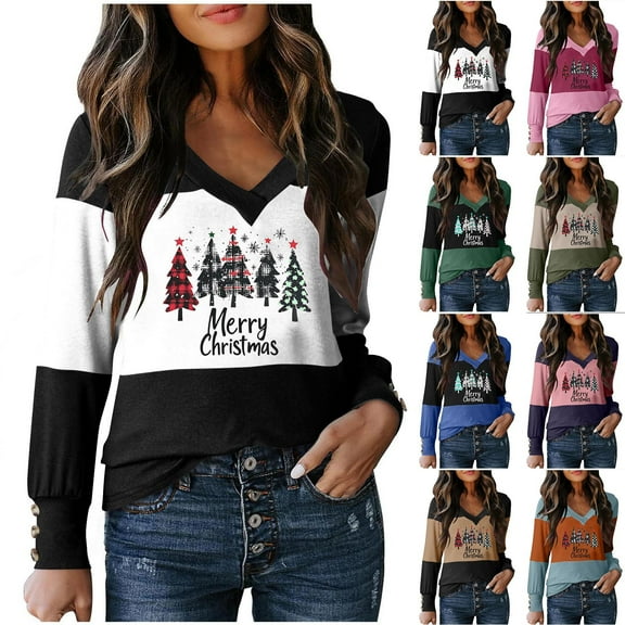 Weiqiqre Women Fall Clothes Christmas Shirt Plaid Leopard Tree T-Shirt Oversized Xmas Long Sleeve Raglan Tee Shirts