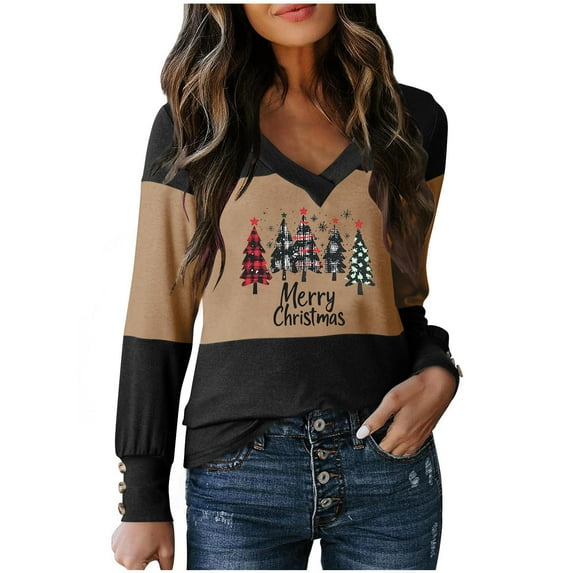 Weiqiqre Women Fall Clothes Christmas Shirt Plaid Leopard Tree T-Shirt Oversized Xmas Long Sleeve Raglan Tee Shirts