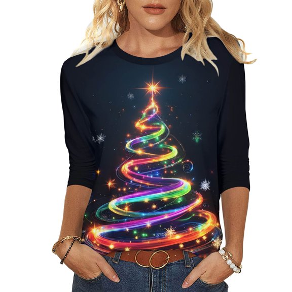Weiqiqre Women Fall Clothes Round Neck 3/4 Length Sleeve Xmas T-Shirts Christmas Thanksgiving Graphic Tee Tops