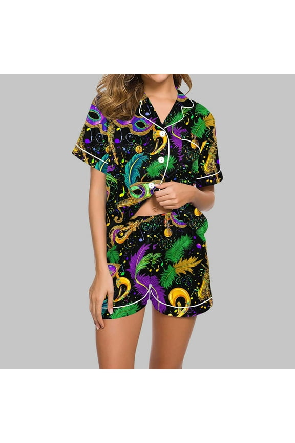 Women Pajama Sets Short Sleeve Button Lounge Sets Wine Print Shorts Pjs Espresso Martini Sleepwear