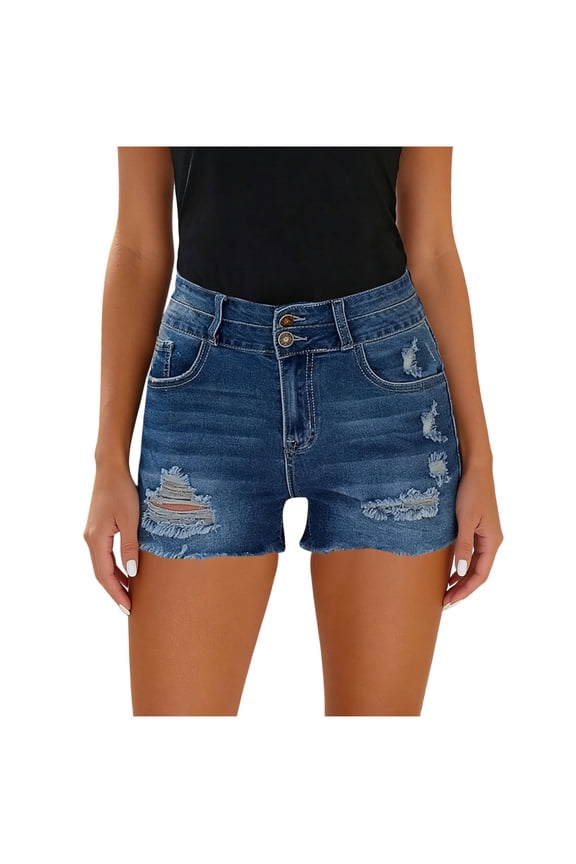 Weiqiqre Women Shorts High Waisted Stretchy Mom Two Buttons Frayed Ripped Denim Shorts