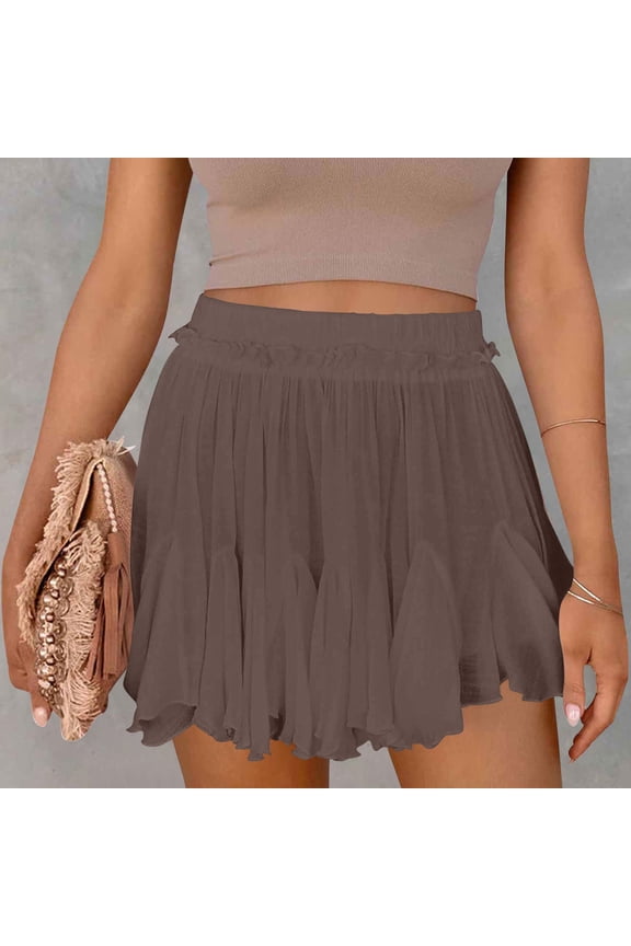 Women Shorts Linen Boho Ruffle Mini Skirts Pleated High Waist Cute Butterfly Skorts with Pockets Summer Trendy
