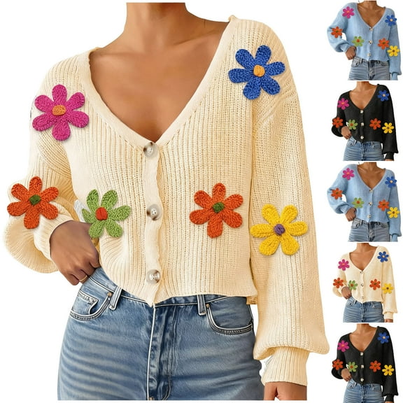 Weiqiqre Women Sweaters Button Down Lantern Sleeve V Neck Knitted Cropped Flower Cardigan Sweater