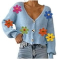 thumbnail image 1 of Weiqiqre Women Sweaters Button Down Lantern Sleeve V Neck Knitted Cropped Flower Cardigan Sweater, 1 of 7