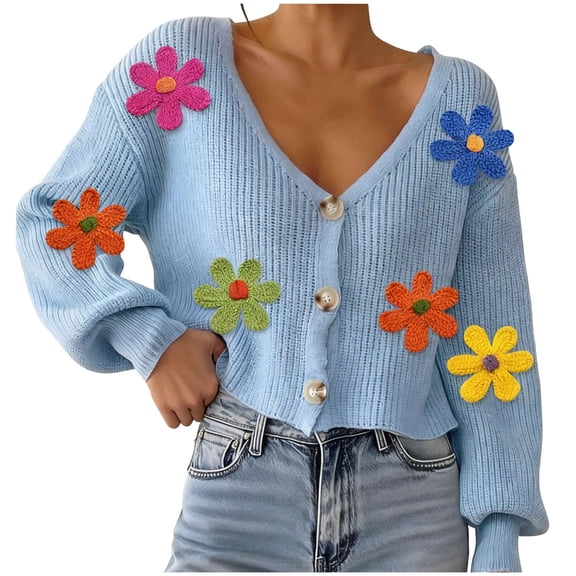 Weiqiqre Women Sweaters Button Down Lantern Sleeve V Neck Knitted Cropped Flower Cardigan Sweater