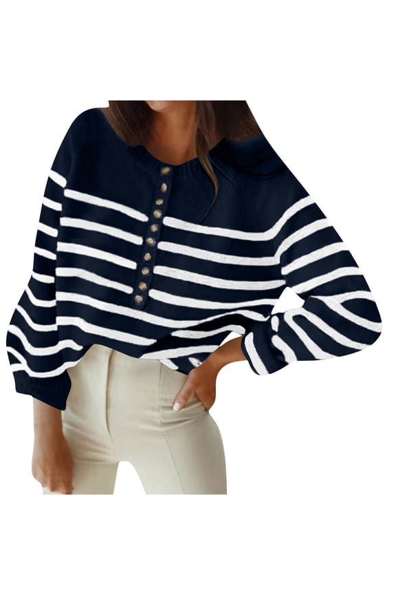 Women Sweaters Striped Long Sleeve Sweater Tops Open Front Button Knit Casual Oversized V Neck Cardigan