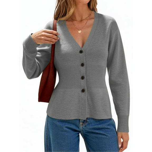 Weiqiqre Women Sweaters V Neck Cardigan Sweaters Long Sleeve Knit Tops Dressy Casual Button Up Fitted Outerwear