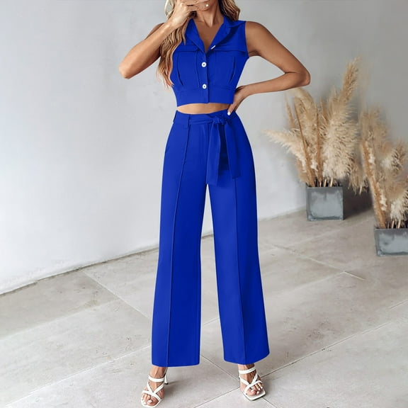 Weiqiqre Women's 2 Piece Outfits Elegant Blazer Vest Pockets Wide Leg Pant Suit Casual Matching Set