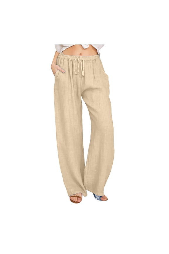 Weiqiqre Women's Cargo Jogger Pants Utility Pockets Cotton Linen Drawstring High Waisted Pants Casual Loose Fit Wide Leg Trousers
