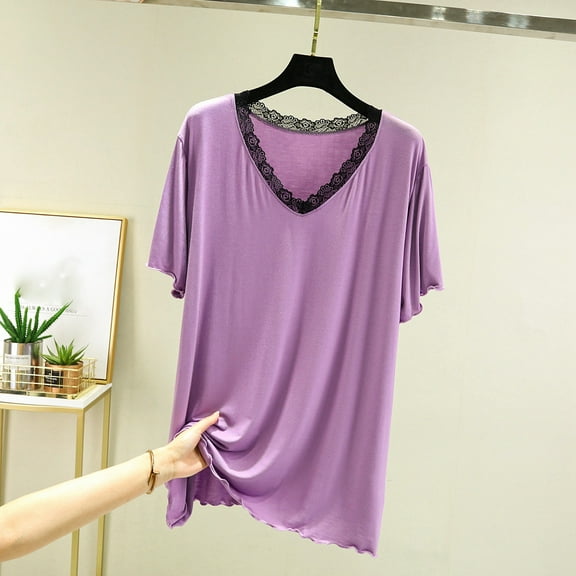 Weiqiqre Women's Casual V Neck Lace Hem Short Sleeve Flowy Blouse Tunic T-Shirt Tee Top