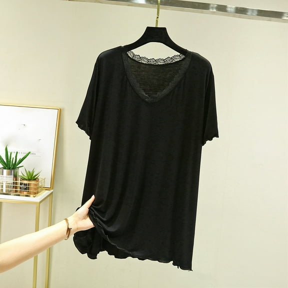 Weiqiqre Women's Casual V Neck Lace Hem Short Sleeve Flowy Blouse Tunic T-Shirt Tee Top