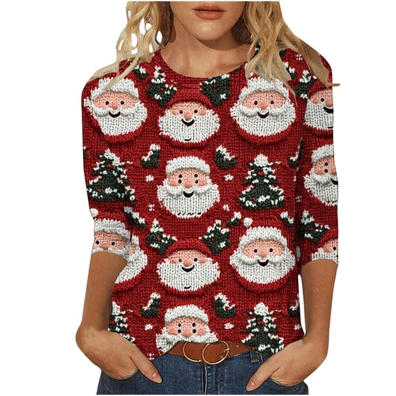 Weiqiqre Women's Clothing 3/4 Sleeve Crew Neck T-Shirts Merry Christmas Tree Graphic Tee Tops