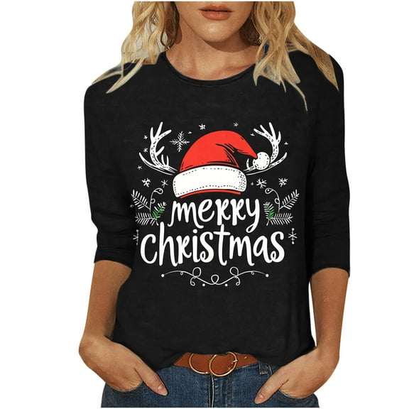 Weiqiqre Women's Clothing Fashion Casual Christmas Snowflake Print 3/4 Sleeve Shirts Plus Size Ladies Tops