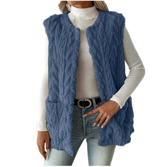 Weiqiqre Women's Clothing High Neck Pocket Sleeveless Solid Sherpa Fuzzy Jacket, Fall Winter Outerwear Casual Outfits