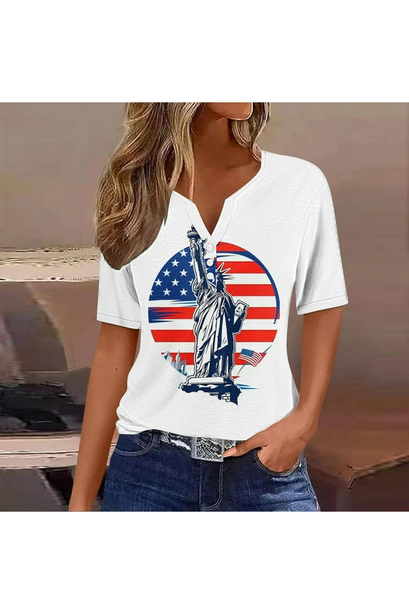 Women's Clothing Plus Size USA Flag V-Neck T-Shirt Women Distressed American Flag Graphic Tees Short Sleeve 4th of July Patriotic Tops
