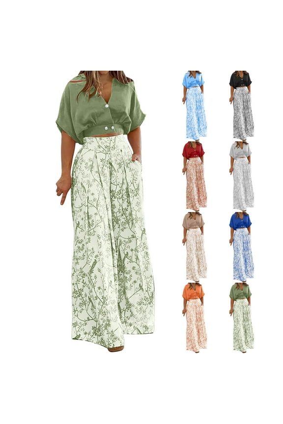 Women's Clothing Short SLeeve Top and Casual Elastic High Waisted Palazzo Pants Flowy Beach Print Lounge Long Trousers Set