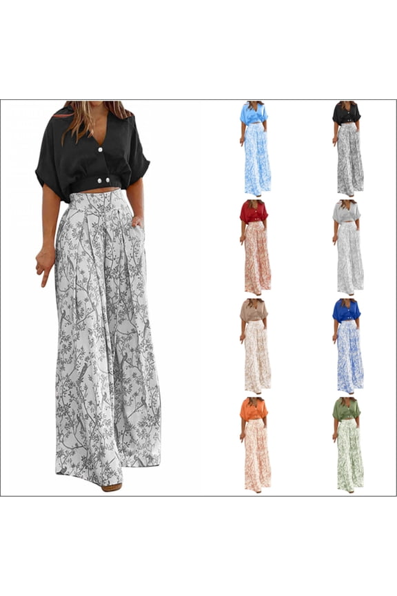 Weiqiqre Women's Clothing Short SLeeve Top and Casual Elastic High Waisted Palazzo Pants Flowy Beach Print Lounge Long Trousers Set