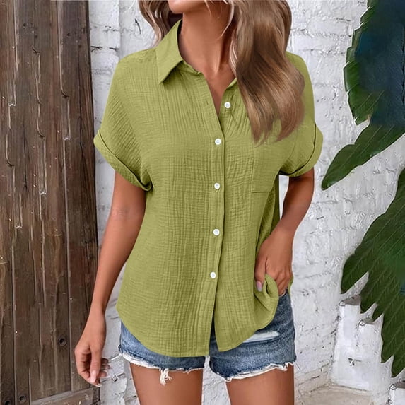Weiqiqre Women's Clothing Short Sleeve Shirts V Neck Collared Button Down Shirt Tops with Pockets