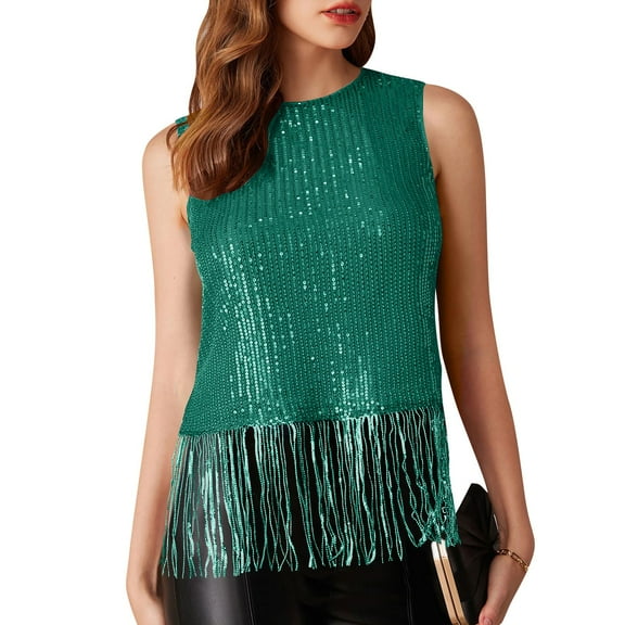 Weiqiqre Women's Clothing Sleeveless Crewneck Tassel Sequin Tank Top Glitter Crop Party Shirt Cami Outfit