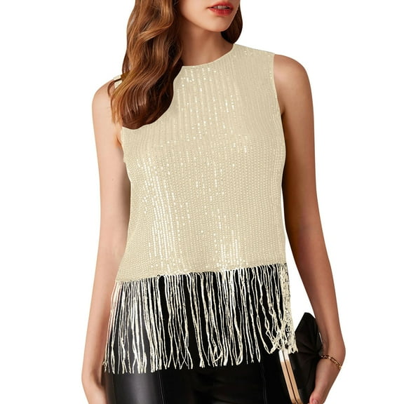 Weiqiqre Women's Clothing Sleeveless Crewneck Tassel Sequin Tank Top Glitter Crop Party Shirt Cami Outfit