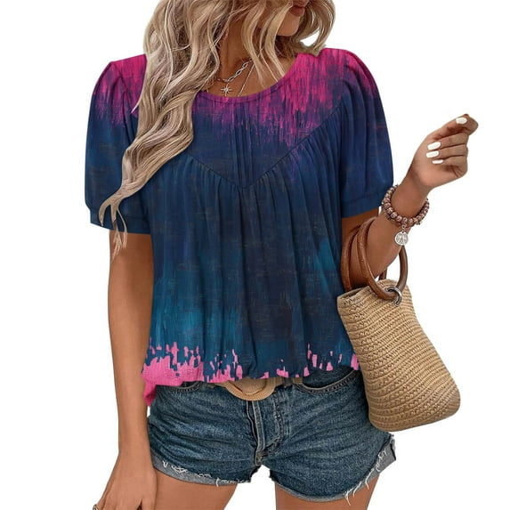 Weiqiqre Women's Clothing Summer Blouse Tops Casual Round Neck Short Sleeve Basic Pleated Loose Fit Trendy Shirts