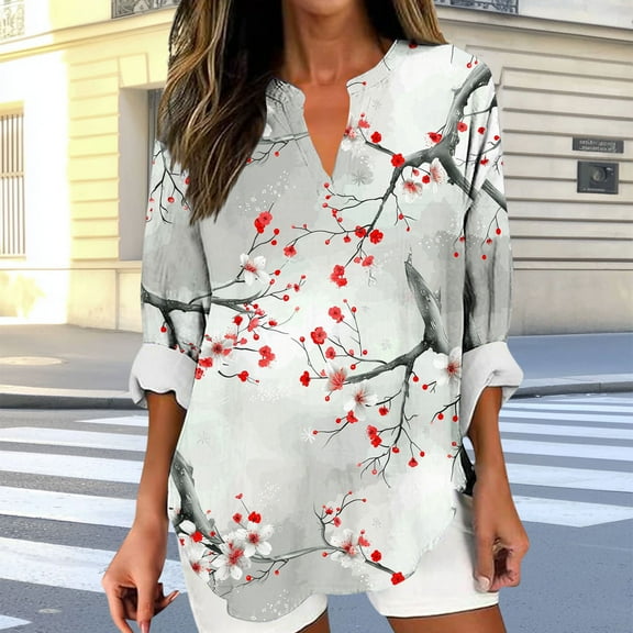 Weiqiqre Women's Clothing V Neck Polka Dot Graphic Tees Shirts Button Three Quarter Length Dressy Blouses