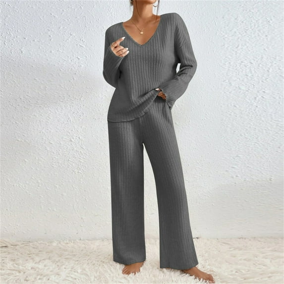 Weiqiqre Women's Fall 2 Piece Sweater Set Long Sleeve Knit Pullover Tops High Waist Pleated Wide Leg Pants Lounge Sets