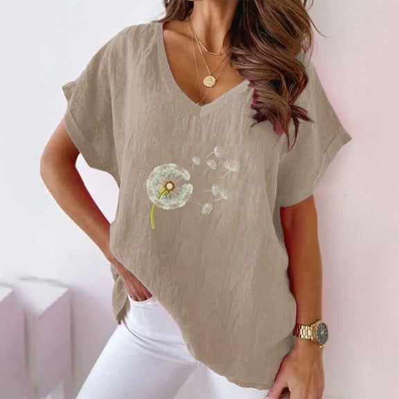 Weiqiqre Women's Flower Print Tops Loose Casual V-neck Cotton And Linen Short Sleeve Bat Sleeves Womens Blouses