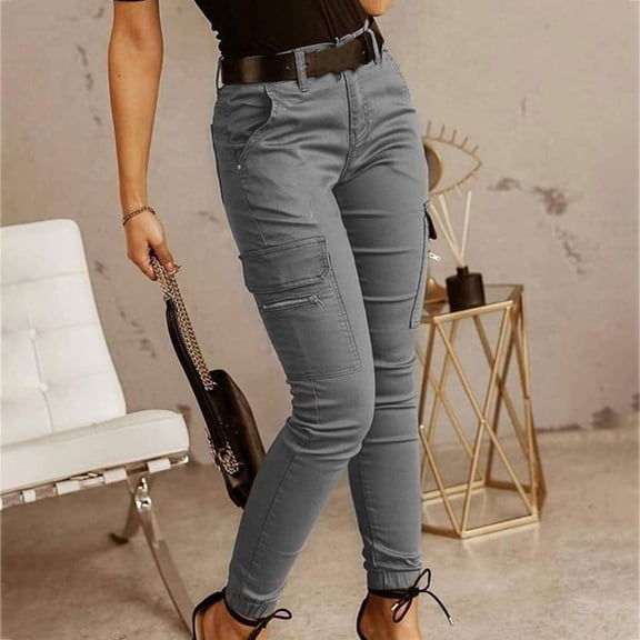 Weiqiqre Women's Paperbag Waist Trousers Elastic Mid Waist Skinny Jogger Flap Pocket Motorcycle Western Cargo Pants Slim Fit Jeans