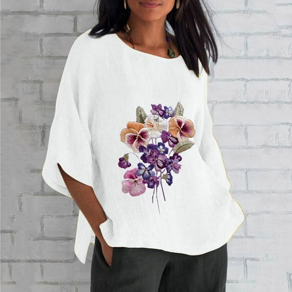 Weiqiqre Women's Plus Size Alzheimers Awareness Tops Fashion Summer Flower Printed Round Neck 3/4 Length Sleeve Loose Blouse Top