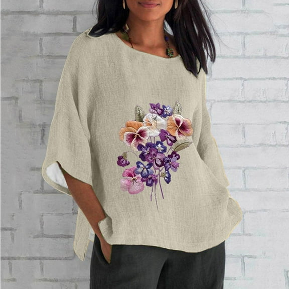 Weiqiqre Women's Plus Size Alzheimers Awareness Tops Fashion Summer Flower Printed Round Neck 3/4 Length Sleeve Loose Blouse Top