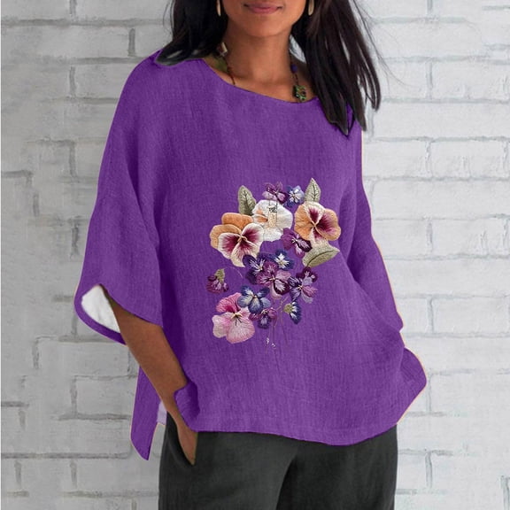 Weiqiqre Women's Plus Size Alzheimers Awareness Tops Fashion Summer Flower Printed Round Neck 3/4 Length Sleeve Loose Blouse Top