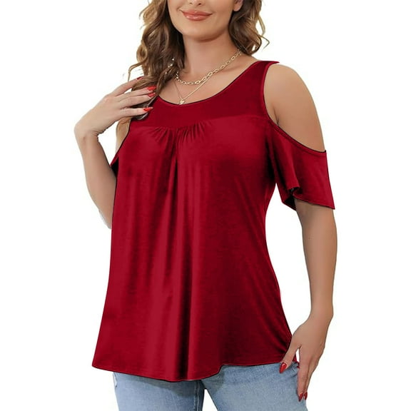 Weiqiqre Women's Plus Size Tops Summer Short Sleeve Round Neck Off The Shoulder Loose Fitting New Arrival Blouse L-5XL