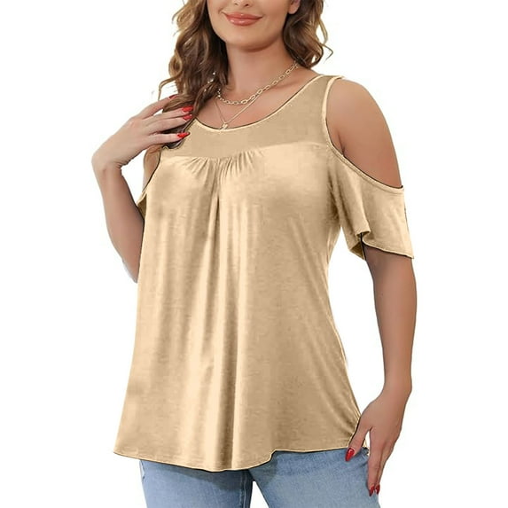 Weiqiqre Women's Plus Size Tops Summer Short Sleeve Round Neck Off The Shoulder Loose Fitting New Arrival Blouse L-5XL